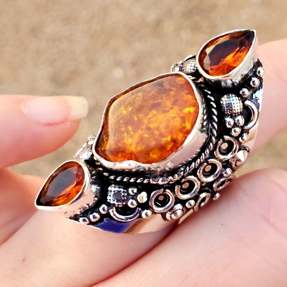 New Baltic Amber & Citrine 925 Silver Statement Ring. - Picture 7 of 13